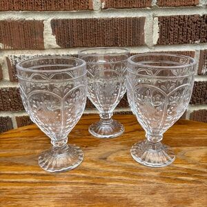 Fitz and Floyd CLEAR Trestle Glasses EMBOSSED Goblets 6'' Set of 3